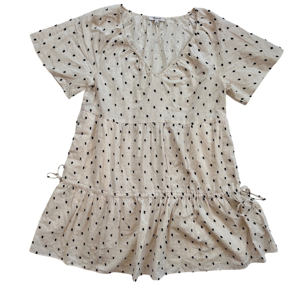 Madwell Tiered Mini Dress Wmn Medium Beige Black Clip Dot V-Neck Excellent Boho